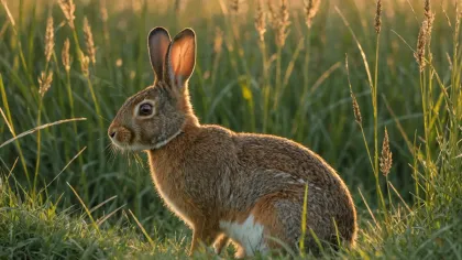 Lapin de garenne immobile de profil dans une prairie d'herbes hautes montées en graines, dans la lumière dorée de fin de journée