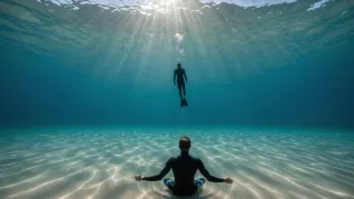 Silhouette d'un apnéiste vu de loin et de dos, descendant dans une eau turquoise traversée de rayons de lumière