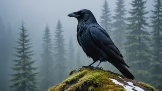 Grand corbeau perché de profil sur un rocher moussu saupoudré de neige, devant une forêt de sapins noyée dans la brume