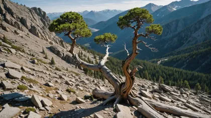 Vieux pin au tronc torsadé et dénudé par le vent, isolé sur un sol caillouteux clair de haute montagne, dans la lumière rasante du soir
