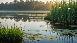 Bord d'étang au lever du soleil, touffes de roseaux, feuilles de nénuphar et petite libellule, brume sur l'eau
