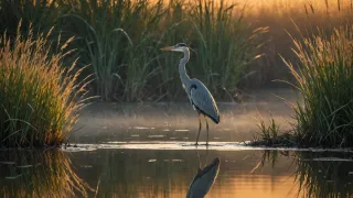 Héron cendré à l'affût dans l'eau peu profonde d'un marais au lever du soleil, entre deux touffes de roseaux, brume et reflet sur l'eau