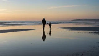 Silhouettes d'un adulte et d'un jeune enfant marchant côte à côte sur une plage à marée basse au crépuscule, reflétées dans le sable mouillé