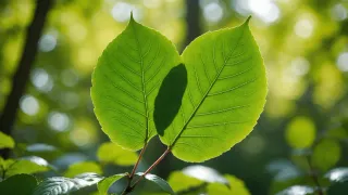 Deux feuilles vertes en contre-jour sous le soleil d'été, nervures translucides, l'ombre de l'une projetée sur l'autre, sous-bois flou derrière