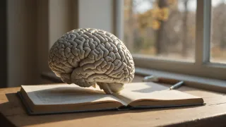 Modèle anatomique d'un cerveau humain en plâtre posé sur une table de bois près d'une fenêtre, dans la lumière rasante du matin