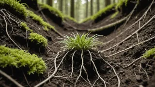 Jeune plante herbacée aux racines blanches ramifiées dégagées sur un talus de terre sombre, dans un sous-bois moussu de conifères