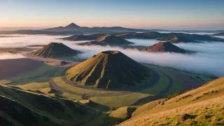 Cônes volcaniques couverts d'herbe émergeant d'une mer de brume au lever du jour, cratères visibles au sommet