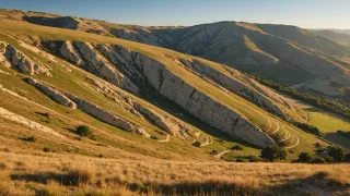 Collines calcaires en fin d'après-midi, bancs de roche redressés et inclinés affleurant dans les pentes herbeuses, vallée boisée en contrebas