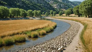 Lit de rivière à l'étiage en plein été, large banc de galets clairs à découvert, mince filet d'eau et peupliers aux feuilles jaunies sur la berge