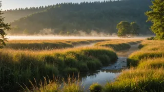 Brume matinale retenue au fond d'une vallée boisée, lumière rasante sur les crêtes et vapeur d'eau suspendue au-dessus d'une prairie humide