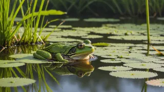 Grenouille verte posée sur une feuille flottante au bord d'une mare, son reflet dans l'eau calme, entourée de joncs et de feuilles aquatiques