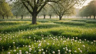 Verger de pommiers en fleurs au petit matin, branches chargées de fleurs blanches et prairie fleurie entre les rangs