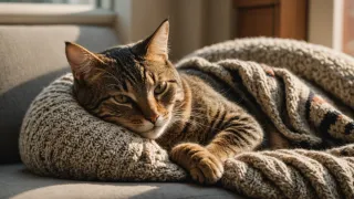 Chat tigré aux yeux mi-clos lové dans un plaid en grosse maille sur un canapé, dans le soleil chaud d'une fin d'après-midi