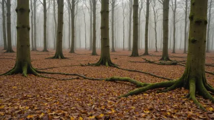 Sol de forêt couvert de feuilles mortes brunes et humides au pied de troncs gris dénudés, dans la brume d'un matin de fin d'automne