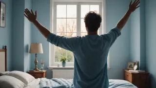 Personne vue de dos, assise sur un lit, bras tendus au-dessus de la tête, qui s'étire devant la fenêtre d'une chambre bleue au petit matin
