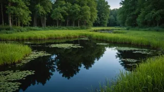 Mare en lisière de forêt à la tombée du jour, feuilles flottantes sur l'eau sombre, berges d'herbes hautes et arbres qui s'y reflètent