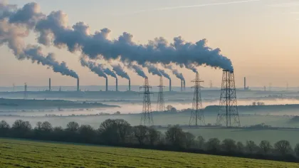 Panaches de vapeur et de fumée sortant des cheminées d'un site industriel au petit matin, ciel gris bleuté et silhouettes de pylônes électriques au loin