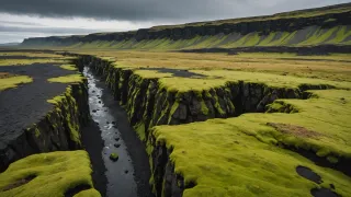 Faille ouverte traversant une plaine de lave couverte de mousse vert vif, bordée de parois de basalte sombre, sous un ciel gris et bas